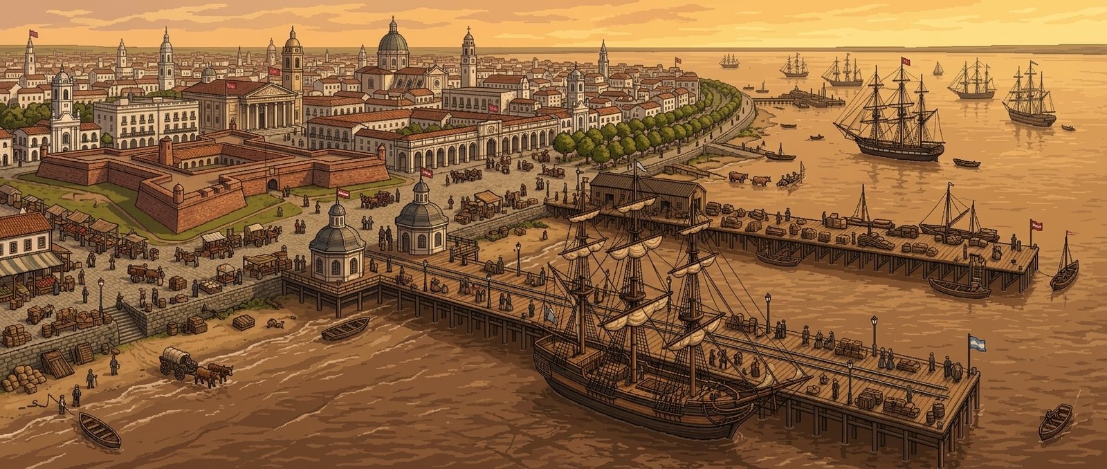 The Old Time Sailors world — the port of Buenos Aires on the River Plate, with The Sailorette at the wharf