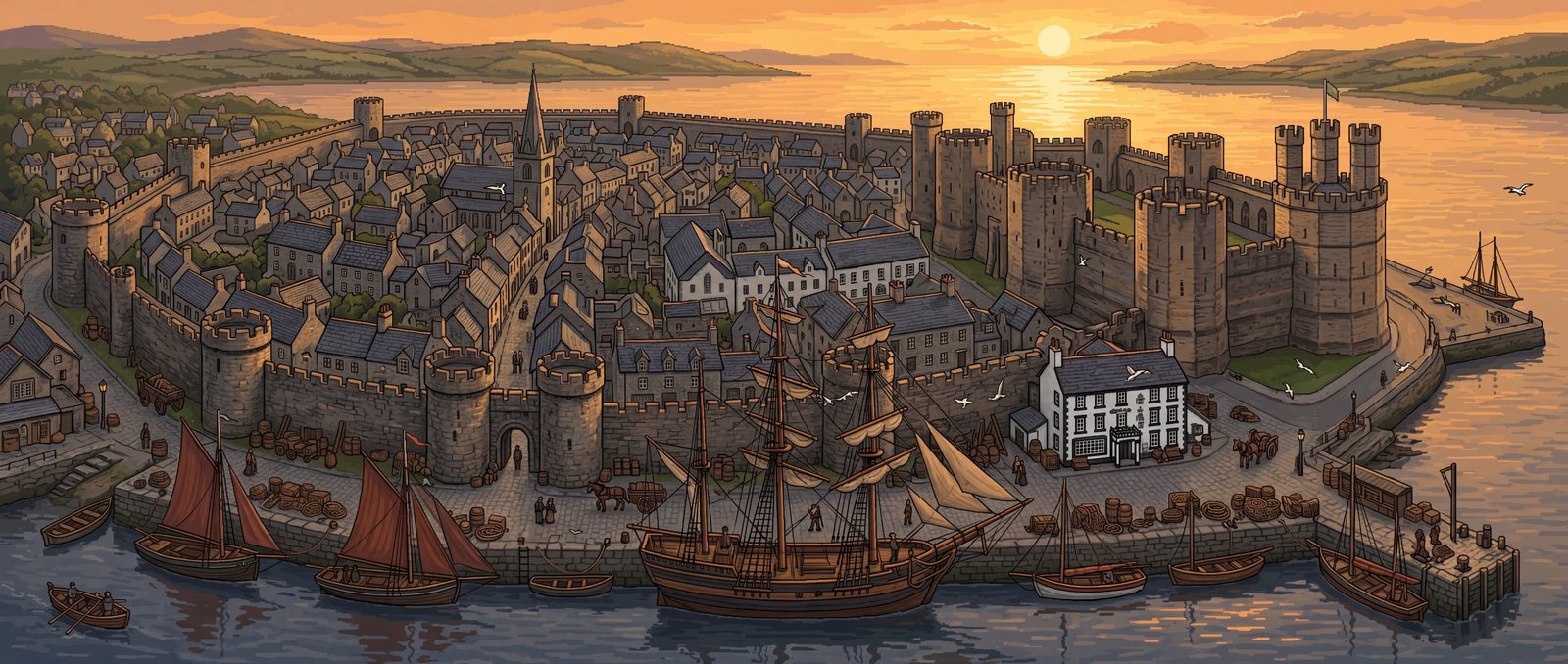 The Old Time Sailors world — Caernarfon Castle harbour in Wales, with The Sailorette at the quay