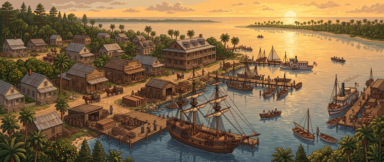 The Old Time Sailors world — a Florida Indian River port at Cocoa Beach, with The Sailorette at the dock