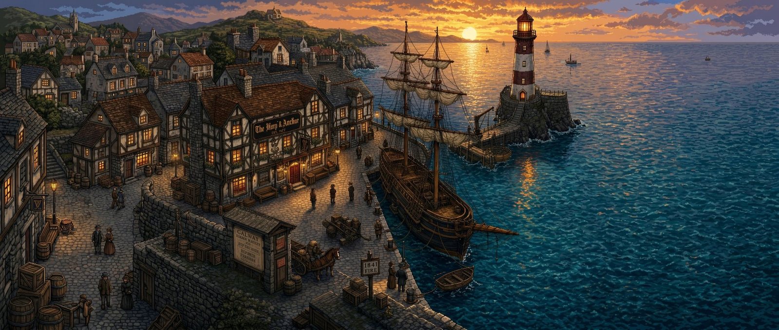 The Old Time Sailors world — the harbour at Port Cork, with The Sailorette moored at the quay