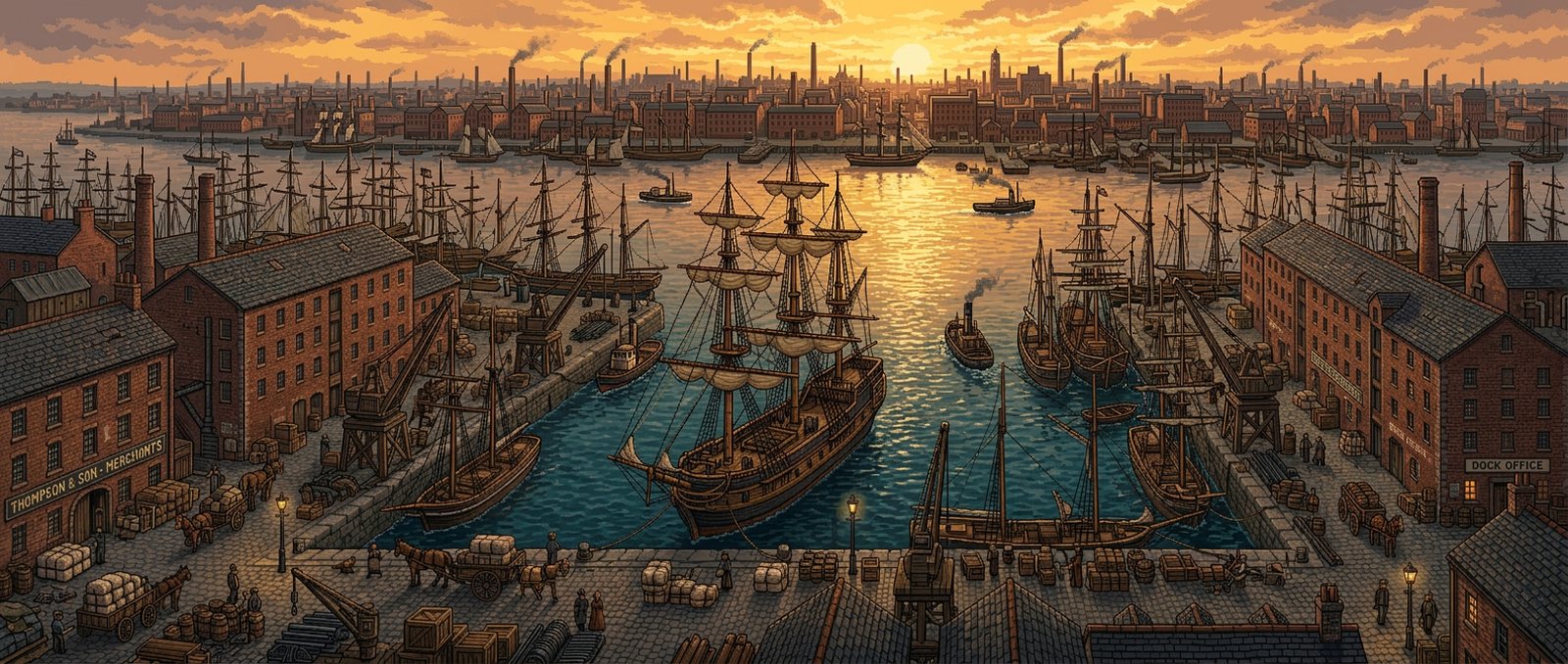The Old Time Sailors world — the docks of Liverpool, with The Sailorette among the merchant fleet