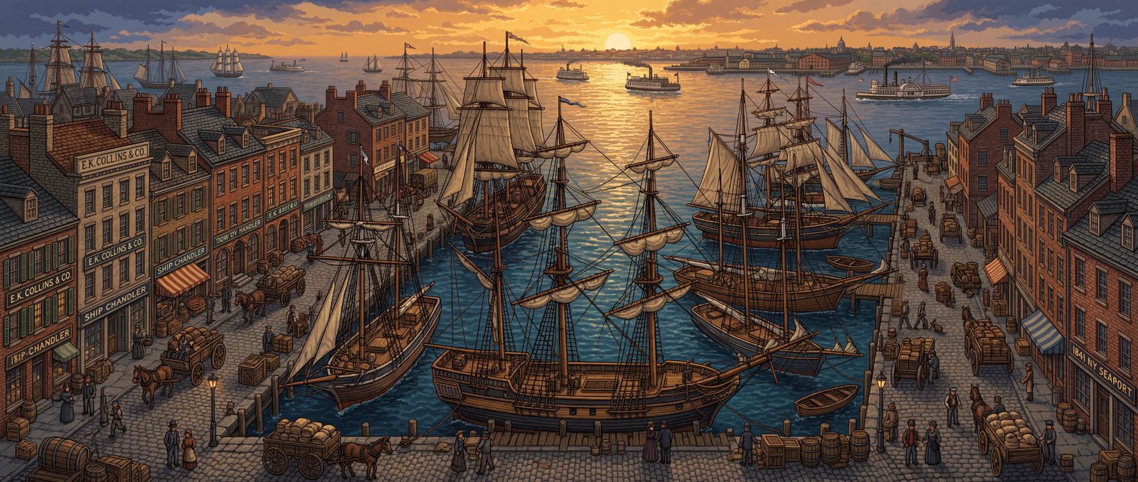 The Old Time Sailors world — South Street Seaport in New York, with The Sailorette among the packet ships